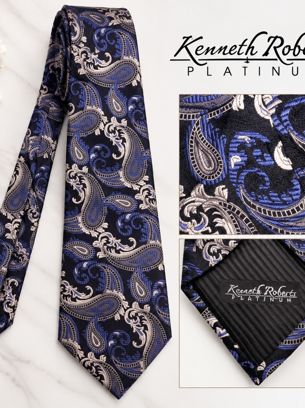 Kenneth Roberts Platinum Men's Blue Black Paisley Necktie